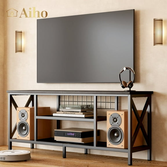 Aiho Mid-Century Wooden TV Stand for TVs up to 65" with Open Storage Shelves and Metal Frame - Black