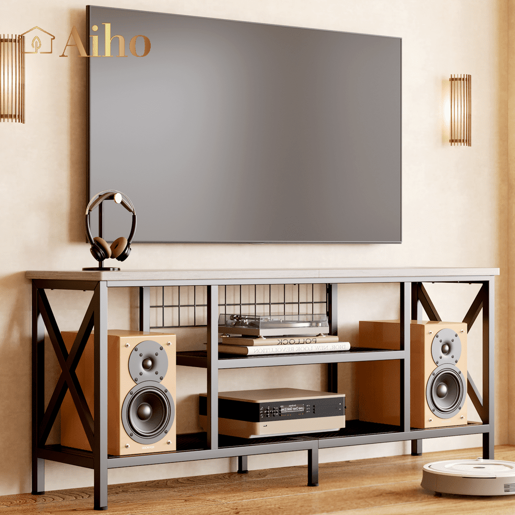Aiho Mid-Century Wooden TV Stand for TVs up to 65" with Open Storage Shelves and Metal Frame - Gray