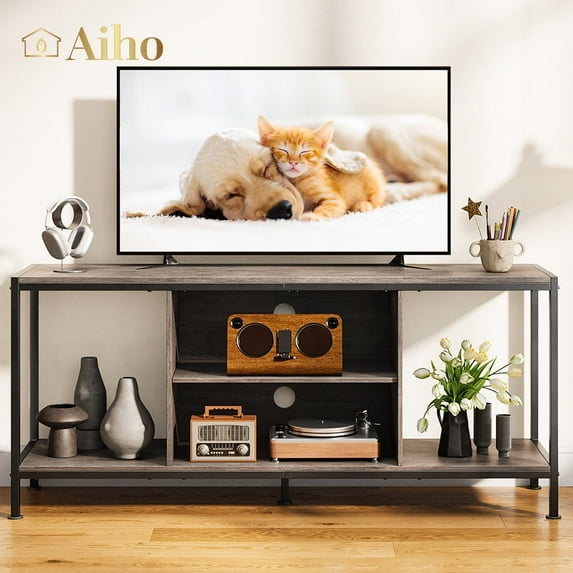 Aiho Mid-Century Wooden TV Stand for TVs up to 65" with Open Storage Shelves and Metal Frame - Gray