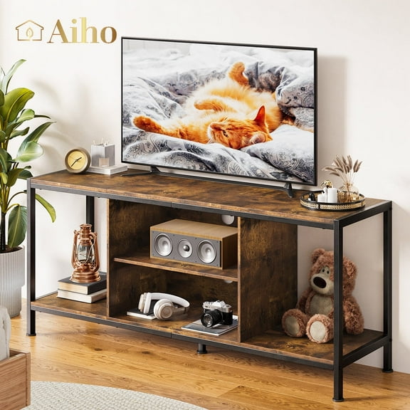 Aiho Mid-Century Wooden TV Stand for TVs up to 65" with Open Storage Shelves and Metal Frame - Retro