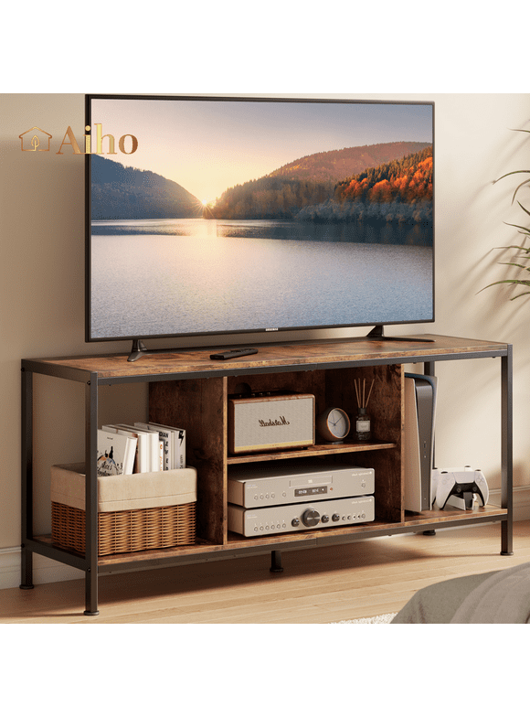 Aiho Mid-Century Wooden TV Stand for TVs up to 65" with Open Storage Shelves and Metal Frame - Retro