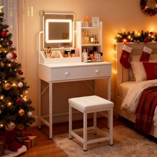 Aiho Makeup Vanity Set with Mirror & Lights, Vanity Desk with 2 Drawers & Storage Shelves, Makeup Vanity , 3 Color Modes & Adjustable Brightness Dressing Table, Bedroom - White