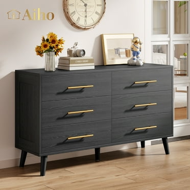 Aiho Modern 6 Drawer Wood Dressers, Wide Chest of Drawers with Metal Handles for Living Room,Bedroom , Black