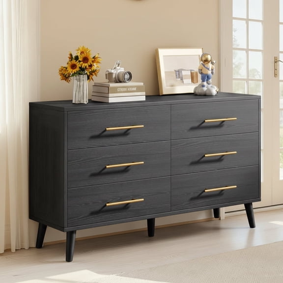Aiho Modern 6 Drawer Wood Dressers, Wide Chest of Drawers with Metal Handles for Living Room, Bedroom, Black