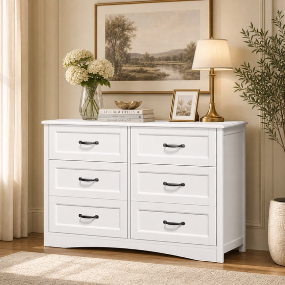 6 Drawer Dresser for Bedroom, 47" Wide White Wood Storage Chest with Metal Handles, Modern Double Dresser with Anti-Tipping Device for Living Room, Nursery, Entryway, Home Office
