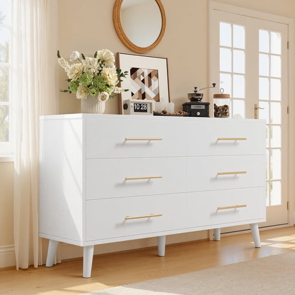 Aiho Modern 6 Drawer Wood Dressers, Wide Chest of Drawers with Metal Handles for Living Room,Bedroom , White