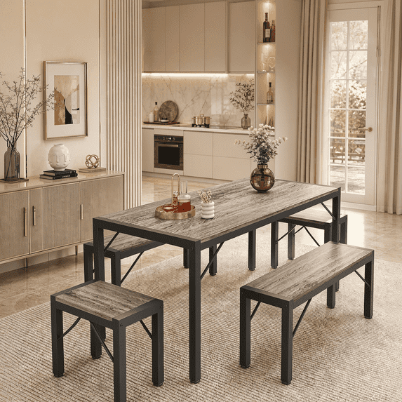 5-Piece Dining Table Set for 6, Kitchen Table with 4 Chairs & Bench, Compact Furniture for Small Space & Apartment Grey