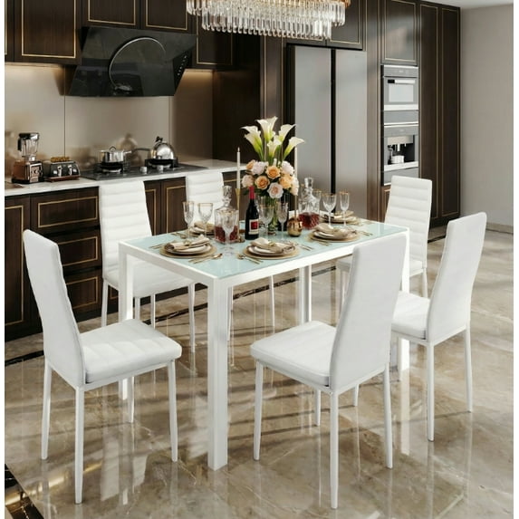 Aiho 6-Seater Modern Dining Table Set with PU Leather Chairs for Kitchen, Small Spaces, White