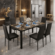 Aiho 6-Seater Modern Dining Table Set with PU Leather Chairs for Kitchen, Small Spaces, Marble