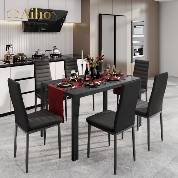 Aiho Modern Dining Table Sets with PU Leather Chairs for 6 for Home, Kitchen, Living Room, Restaurant, Small Space , Black