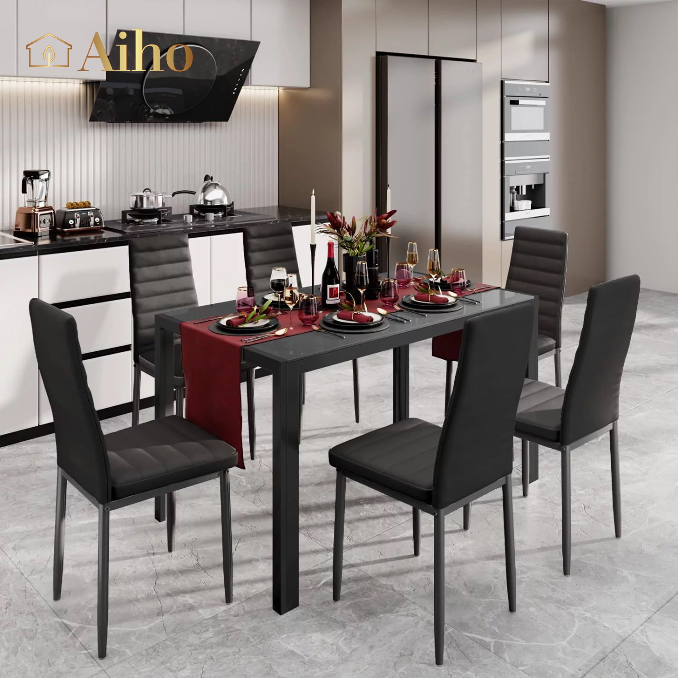 Aiho Rectangular Six-Piece Dining Table Set with Chairs for