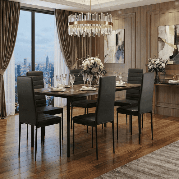 Aiho 6-Seater Modern Dining Table Set with PU Leather Chairs for Kitchen, Small Spaces,Grey