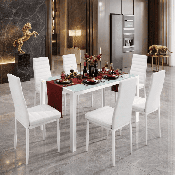 Aiho 6-Seater Modern Dining Table Set with PU Leather Chairs for Kitchen, Small Spaces,White