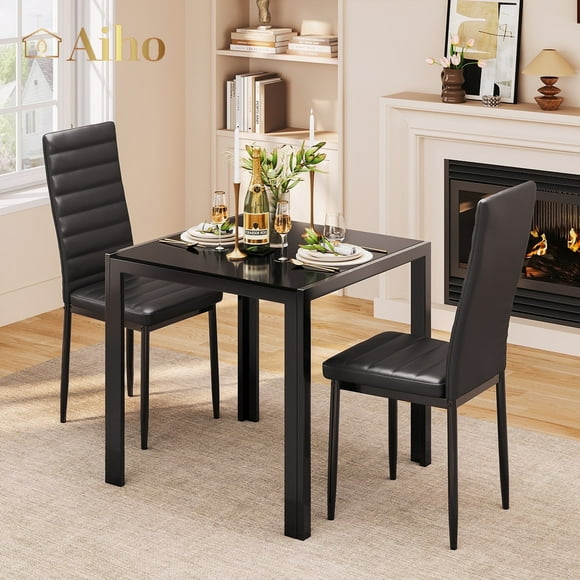Aiho Modern Dining Table Sets with PU Leather Chairs for2 For Home, Kitchen, Living Room, Restaurant, Small Space , Black
