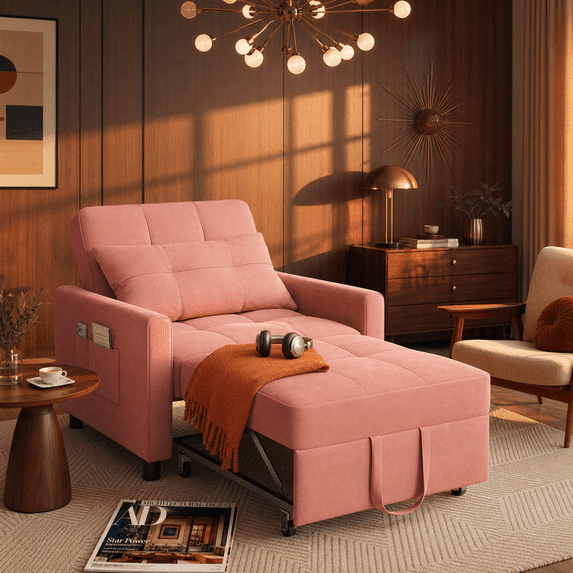 Aiho 3-Level Adjustable Folding Sofa Bed, Multifunctional Convertible Chair Bed with Removable Pillow-Pink