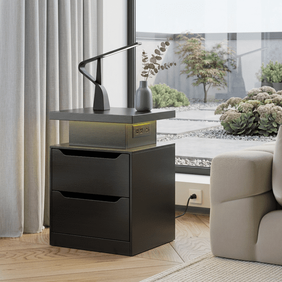 Aiho Nightstand with Charging Station & LED Lights - Modern Wood Bedside Table, 2 Drawers - for Bedroom, Living Room, Study, Black