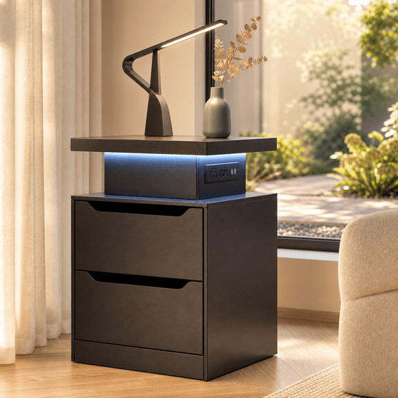 Nightstand with Charging Station & LED Lights - Modern Wood Bedside Table, 2 Drawers - for Bedroom, Living Room, Study, Black