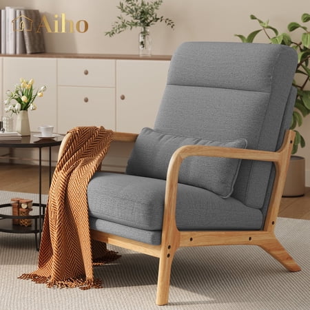 Aiho Mid-Century Modern Accent Chair, Solid Wood Arm Chair with Wood Frame and Pillow, Fabric Upholstered Armchair Comfort Reading Chair Lounge Chair for Living Room Bedroom Guest Room - Grey