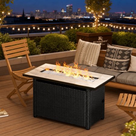 45" Propane Fire Pit Table, 50,000 BTU Outdoor Gas Fireplace with Lid, Lava Rocks & Glass Beads, 2-in-1 Wicker Patio Heater & Coffee Table for Backyard Gatherings, Black