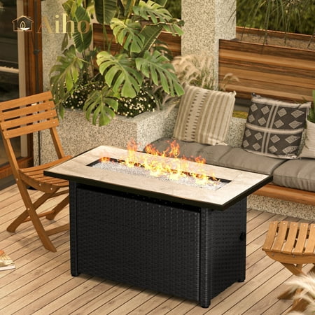 Aiho Outdoor Fire Pit Table, 45" Square 50000 BTU Patio Propane Fire Pit Table with Lava Rocks , Black