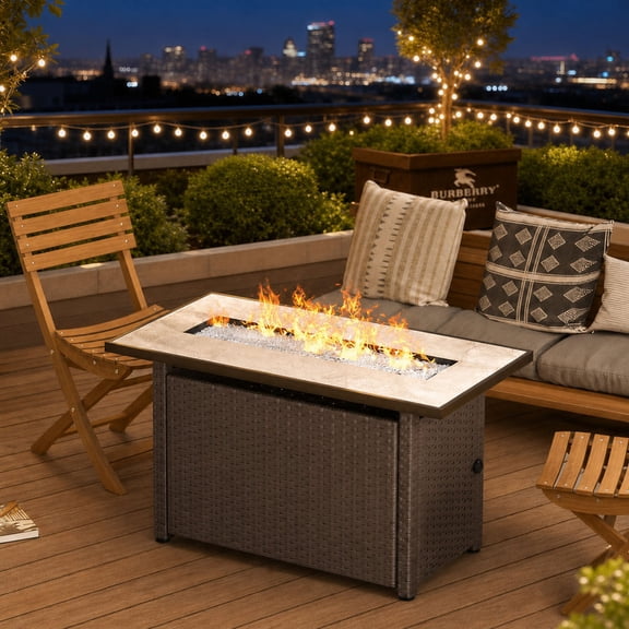 45" Propane Fire Pit Table, 50,000 BTU Outdoor Gas Fireplace with Lid, Lava Rocks & Glass Beads, 2-in-1 Wicker Patio Heater & Coffee Table for Backyard Gatherings, Dark Brown