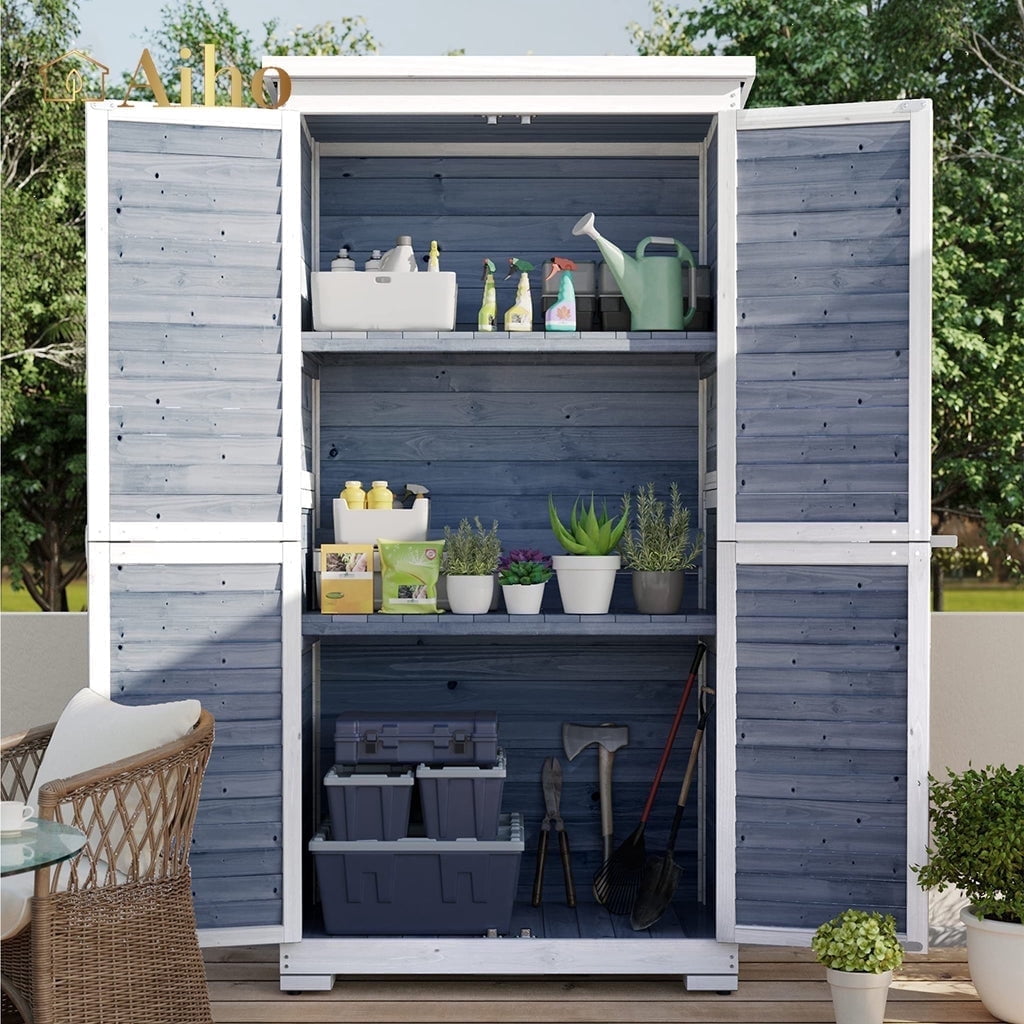 Waterproof Outdoor Storage Cabinet with Lockable Double Doors, 63.2" Garden Storage Cabinet by Fir Wood, Outdoor Storage Shed with Adjustable Shelves, Gray