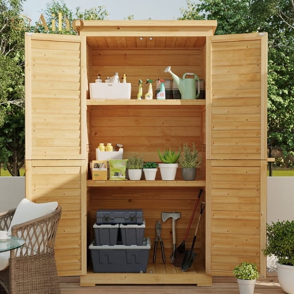 Waterproof Outdoor Storage Cabinet with Lockable Double Doors, 63.2" Garden Storage Cabinet by Fir Wood, Outdoor Storage Shed with Adjustable Shelves, Natural