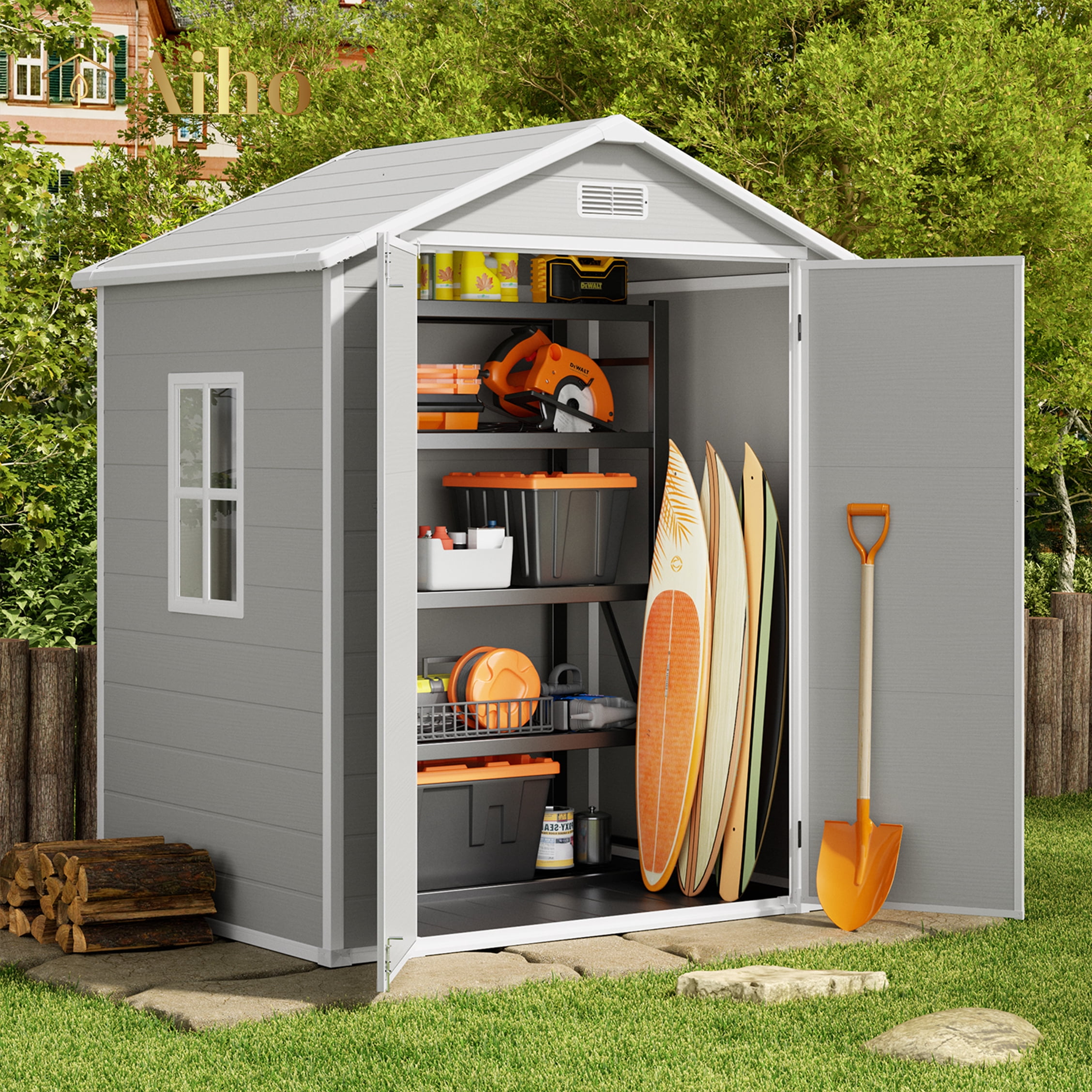 Aiho 34 Cubic Feet Garden Storage Shed, Outdoor UV-Protected Resin ...