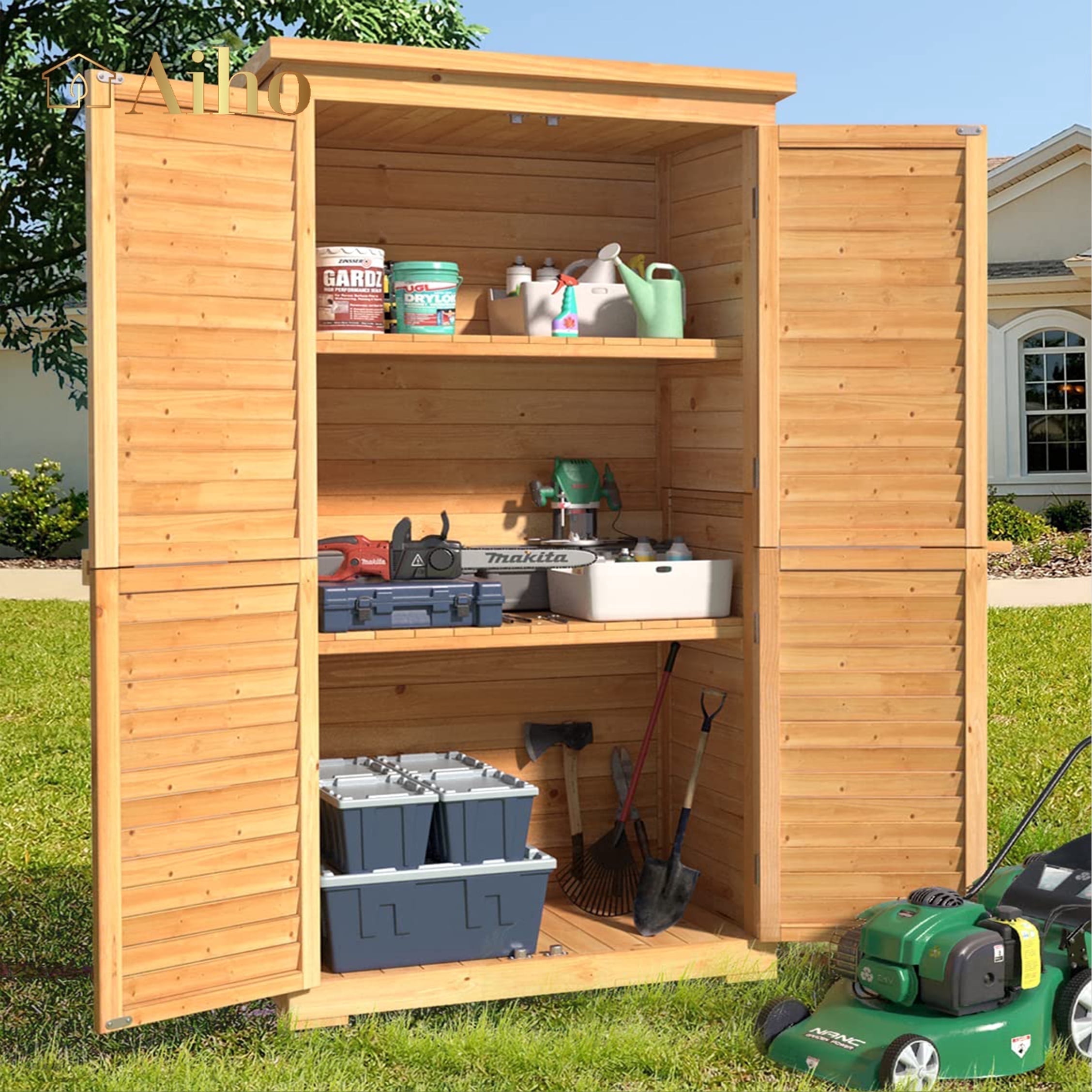 Aiho Outdoor Storage Shed, Wooden Tool Shed, Deck Cabinet forPatio, Garden, Backyard, Lawn,Natural