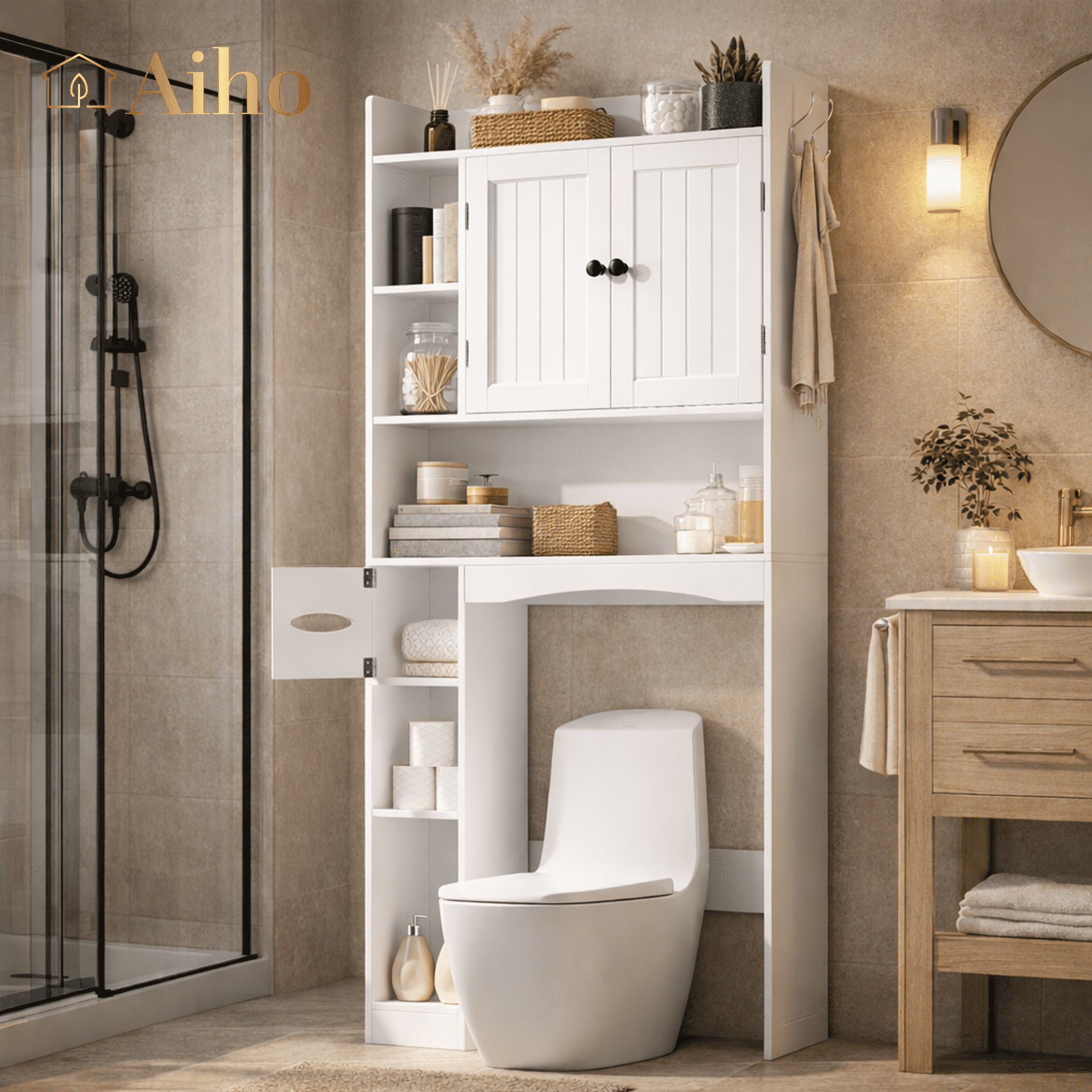 Aiho 66" H Over the Toilet Storage Cabinet with 2 Doors & Adjustable Shlef, Bathroom Organizer Above Toilet, Space Saver for Bathroom, Laundry, White