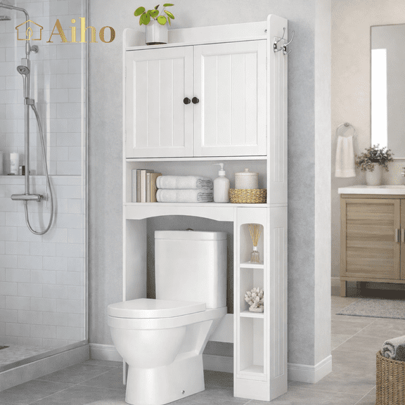 Aiho Over the Toilet Storage Cabinet, Space Saver Bathroom Organizer Above the Toilet with Adjustable Shelves & 2 Side Hooks, Perfect for Bathroom, Laundry, White