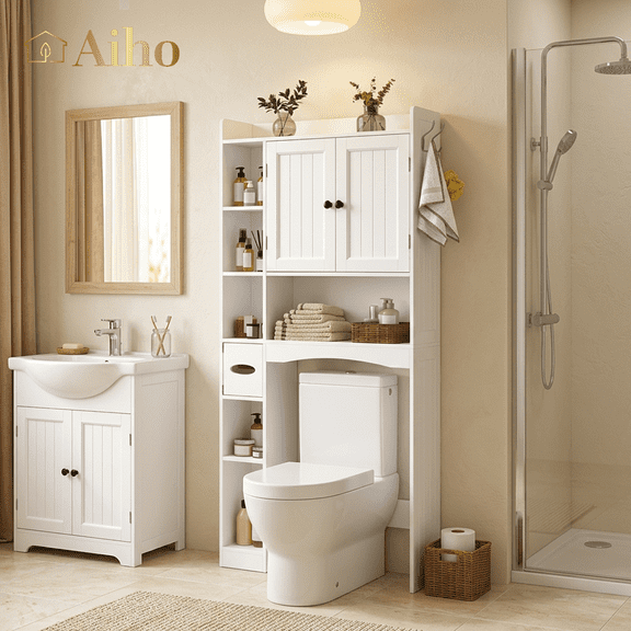 Aiho 66" H Over the Toilet Storage Cabinet with 2 Doors & Adjustable Shlef, Bathroom Organizer Above Toilet, Space Saver for Bathroom, Laundry, White