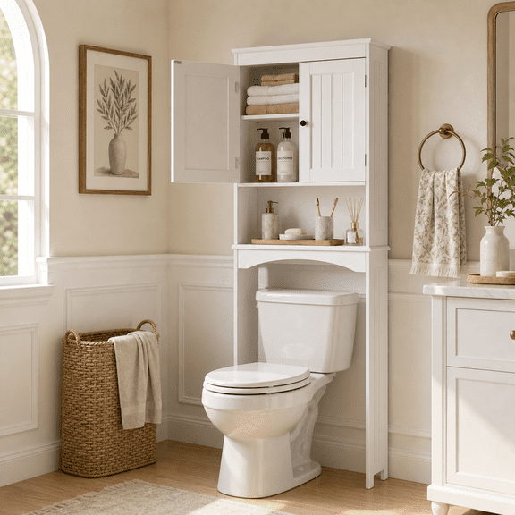 Aiho Tall Over the Toilet Storage Cabinet, Wooden Rack with Adjustable Shelf & Double Doors-White