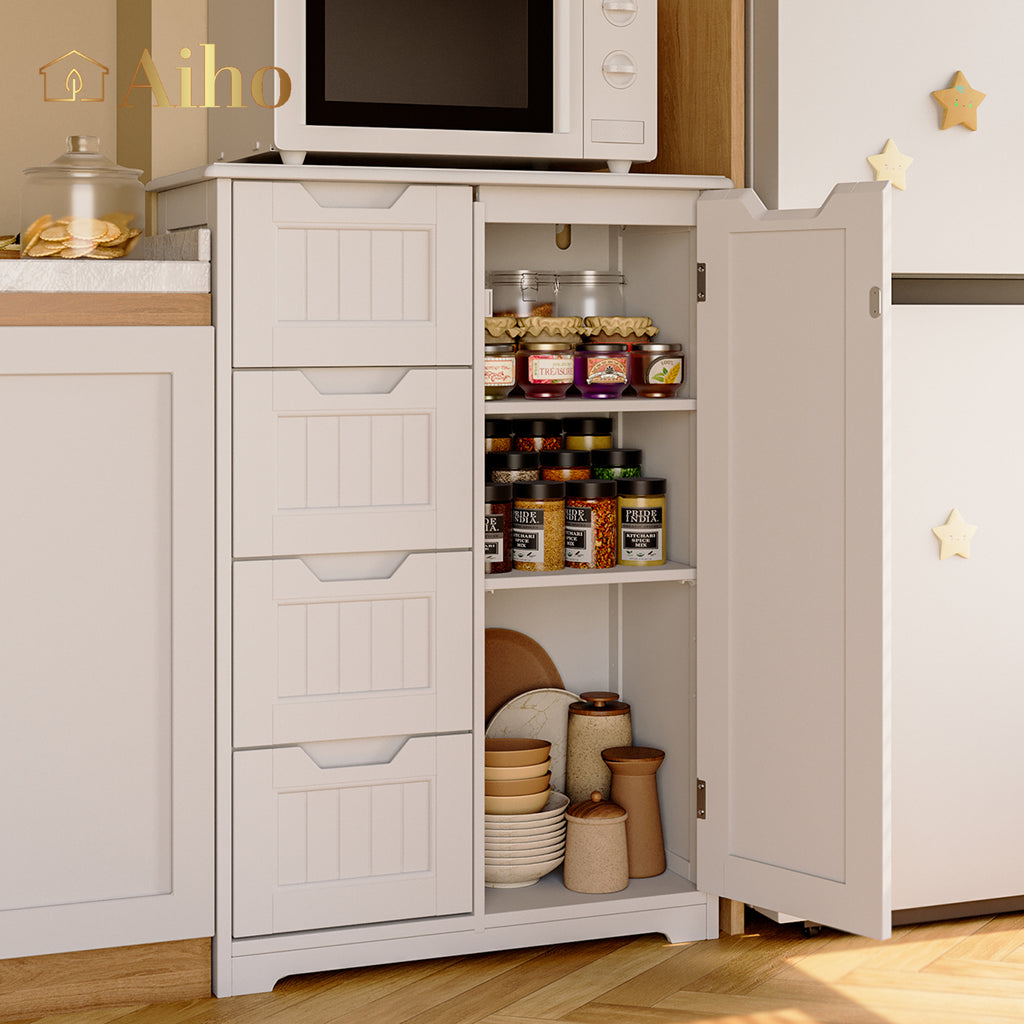Aiho Pantry Storage Cabinet, 33" Wood Kitchen Pantry Storage Cabinet with 4 Drawers, 1 Door and 3 Shelves for Dining Room, Bedroom - White