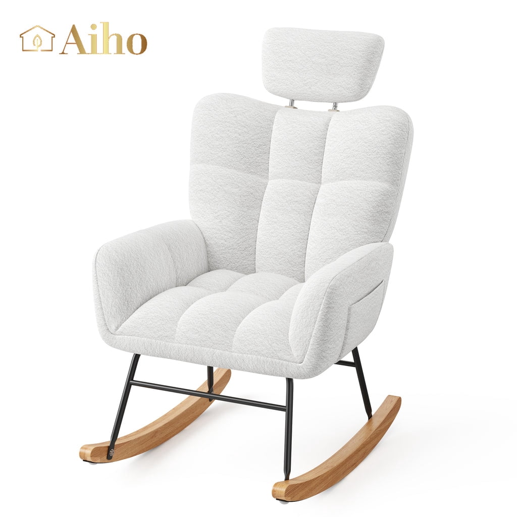 Aiho Patio Furniture , Outdoor Patio Rocking Chair with Teddy Upholstered Glider Rocker Accent Chair with High Backrest for Patio, Garden - White