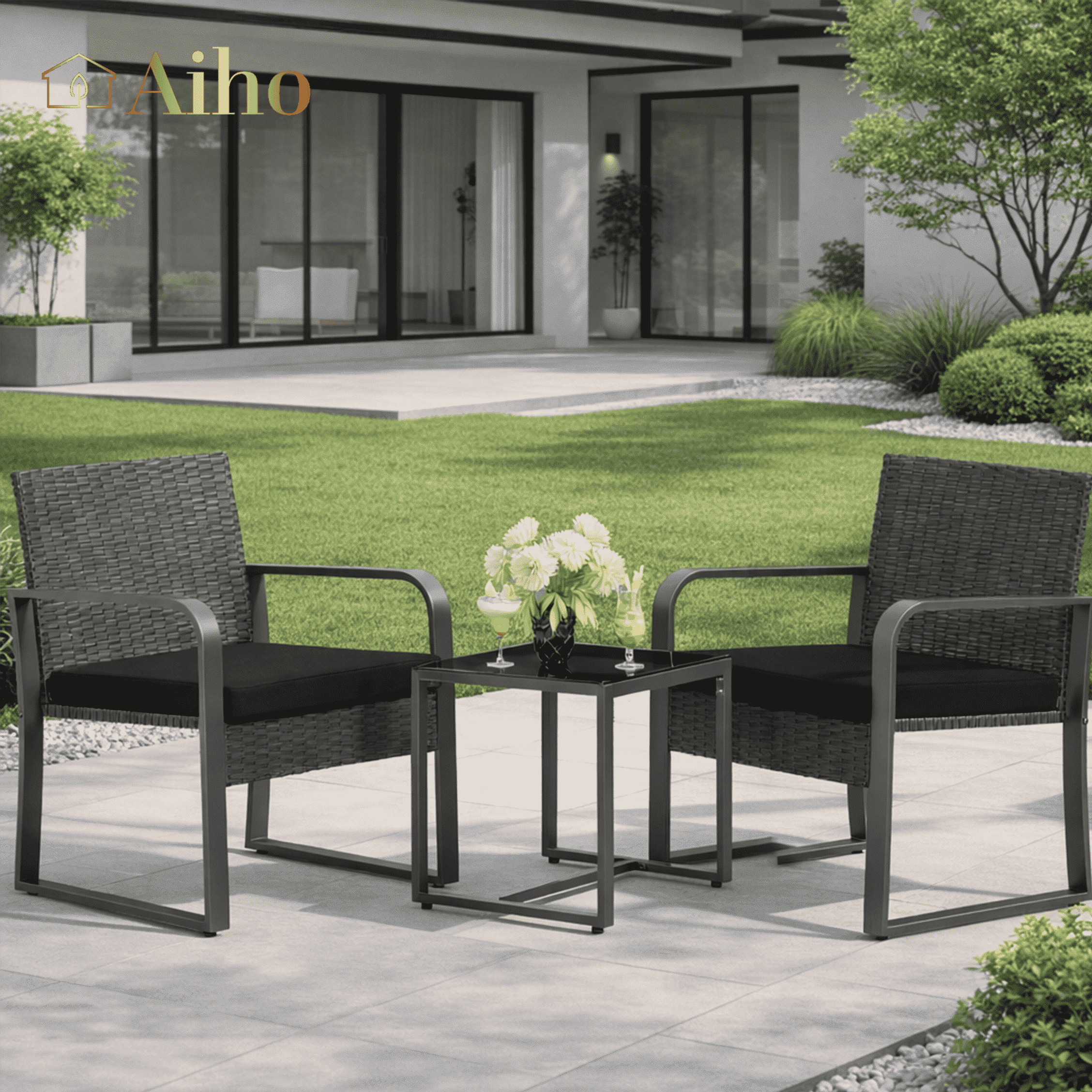 Aiho Patio Furniture Set, All-Weather 3 Pieces Wicker Outdoor Furniture ...