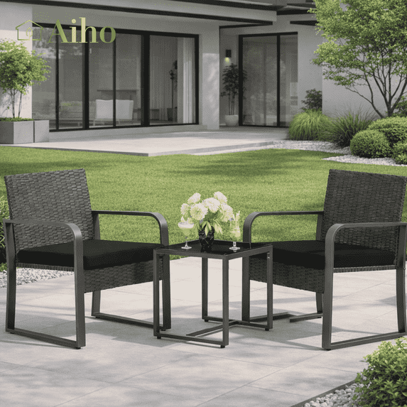 Aiho Patio Furniture Set, All-Weather 3 Pieces Wicker Outdoor Furniture Set with Glass Table, Patio Bistro Set for Yard, Garden, Black Cushions