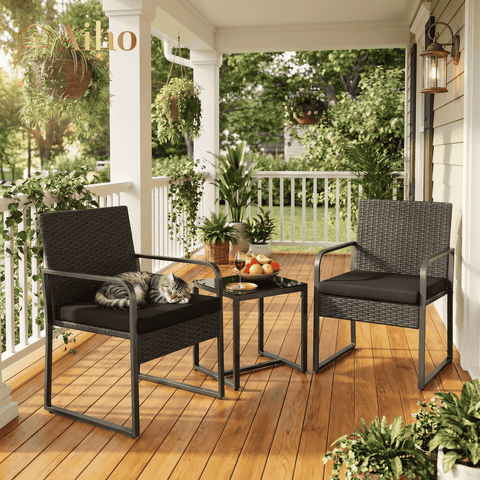 Aiho 3-Piece Wicker Patio Bistro Set, All Weather Outdoor Chairs Set with Glass Top Table & Soft Cushions, Outdoor Furniture for Garden, Backyard, Balcony, Deck - Black