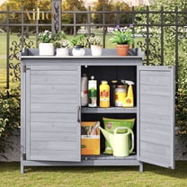 Aiho Potting Bench with Storage Cabinet - Solid Wood Garden Table with Adjustable Shelf & Tool Hooks for Backyard, Patio (Gray)