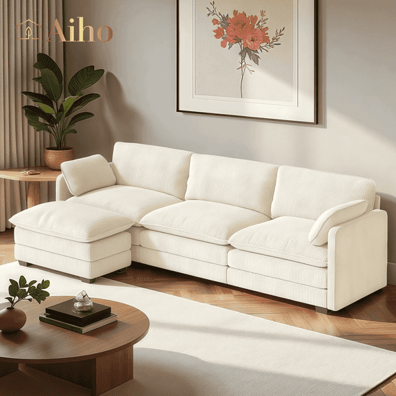 Aiho 110" L Shaped Modular Sectional Couch Bed, Modern Comfy Corduroy Cloud Sofa with 2 Soft Pillows & Movable Ottoman, Best Gifts for Living Room, Bedroom, Beige