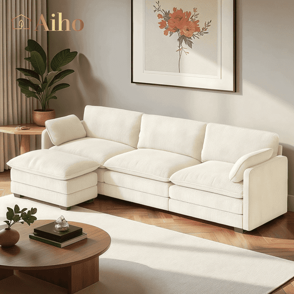 Aiho 110" L Shaped Modular Sectional Couch Bed, Modern Comfy Corduroy Cloud Sofa with 2 Soft Pillows & Movable Ottoman, Best Gifts for Living Room, Bedroom, Beige