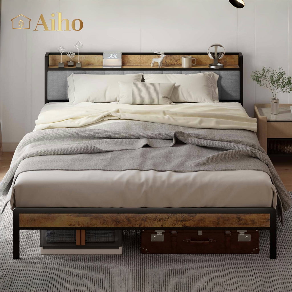 Light Gray Queen Metal Bed Frame with Storage Headboard