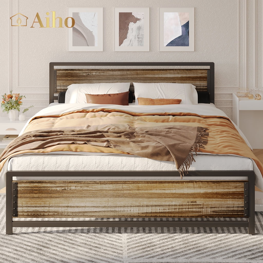 Light Gray Queen Metal Bed Frame with Storage Headboard