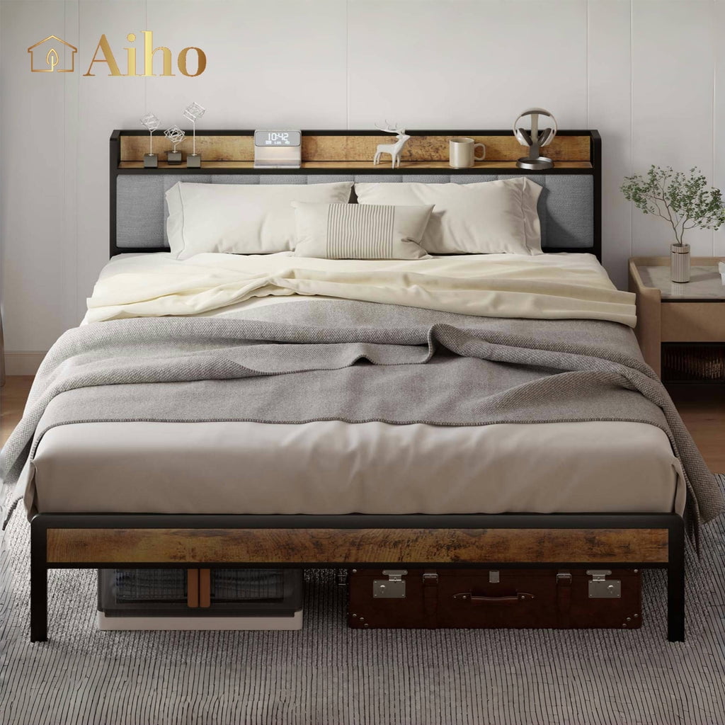 Aiho Queen Dark Gray Metal Bed Frame with Storage Headboard