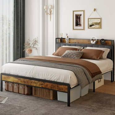 Aiho Queen Bed Frame with Storage Headboard, Metal Platform Bed for Adult, Dark Grey