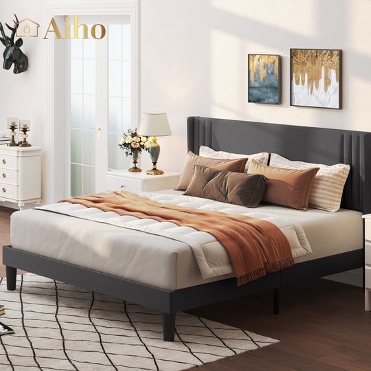 Aiho Queen Size Bed Frame with Upholstered Wing Back Headboard for Bedroom, No Box Spring Needed - Dark Gray Finish