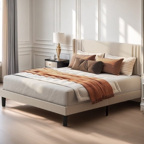 Aiho Queen Bed Frame with Wingback Upholstered Headboard, Beige
