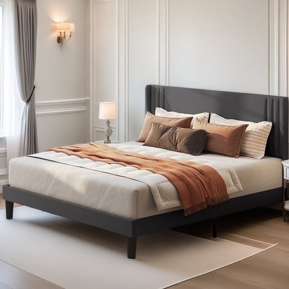Aiho Queen Bed Frame with Wingback Upholstered Headboard, Dark Grey