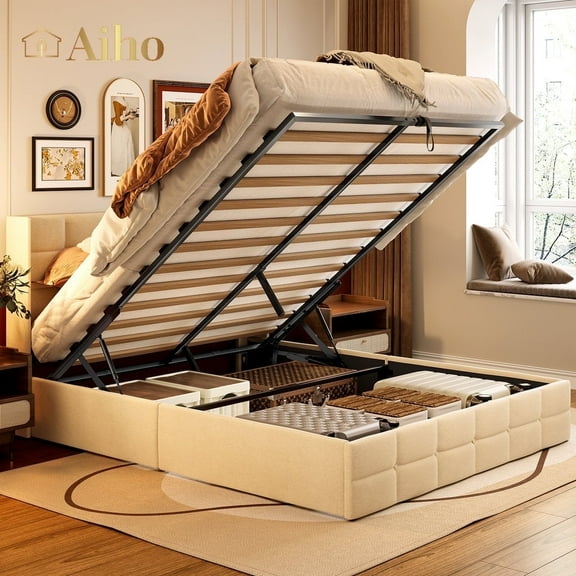 Aiho Queen Lift Up Storage Bed, Queen Size Bed Frame with Big Underneath Storage & Modern Wingback Headboard & No Box Spring Needed - Beige