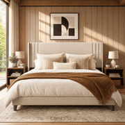 Queen Size Upholstered Platform Bed Frame with Wingback Headboard, Beige Fabric Bed Frame with Wooden Slats, Noise-Free & No Box Spring Needed